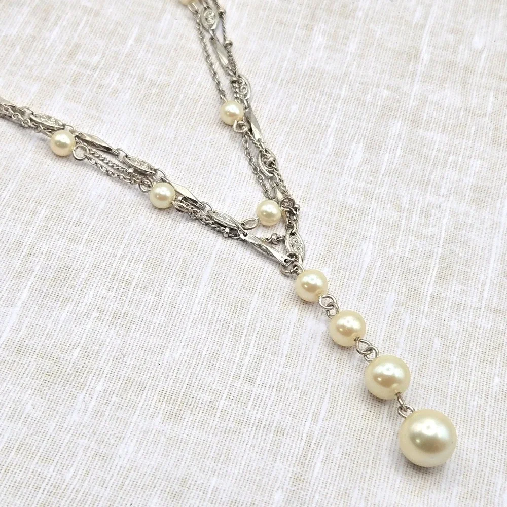 Vintage Style Silver Tone Multi Strand Glass Faux Pearl Y-Drop Filigree Necklace